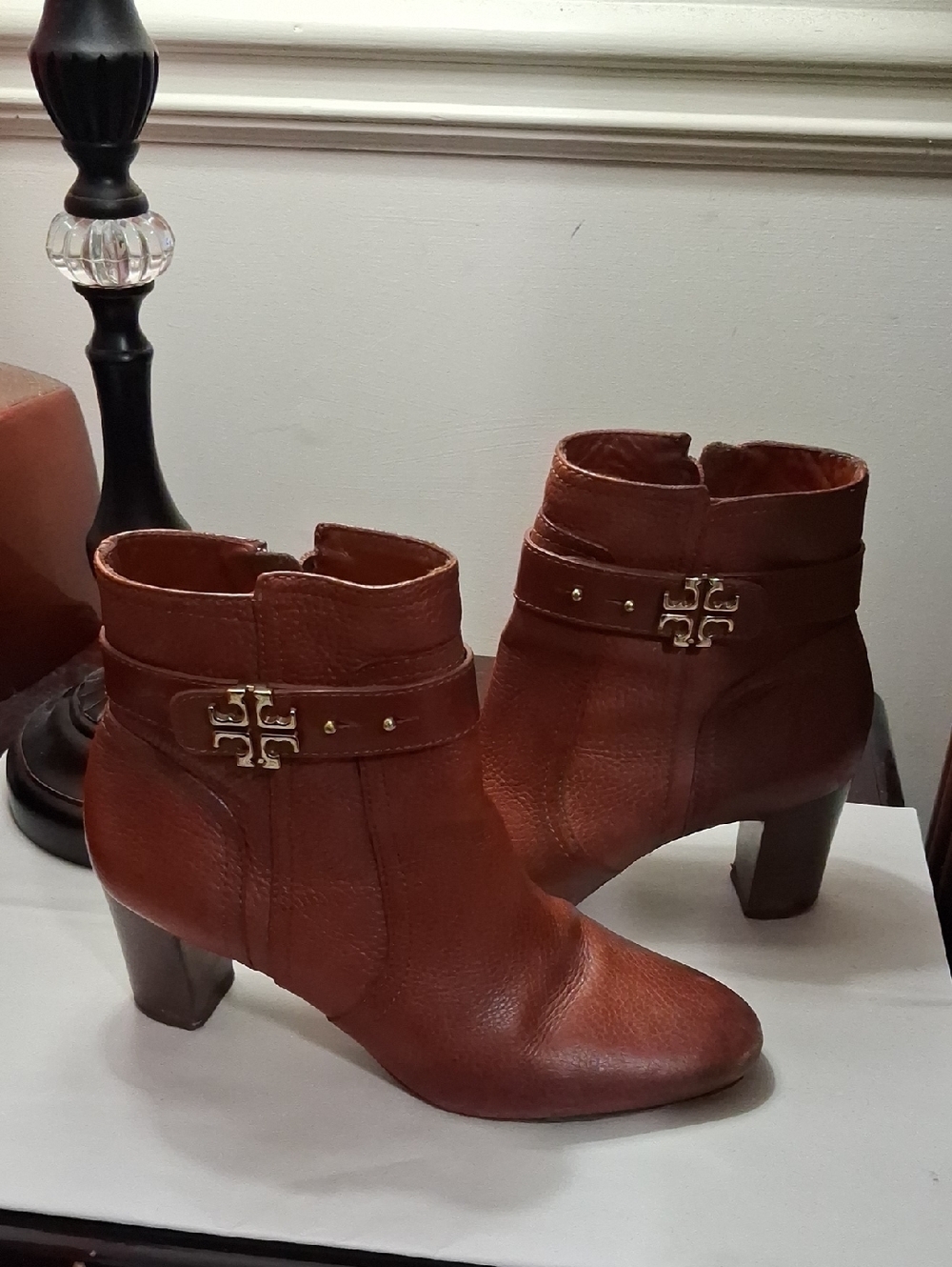 Tory Burch Cognac Leather Ankle Booties with Logo Accent